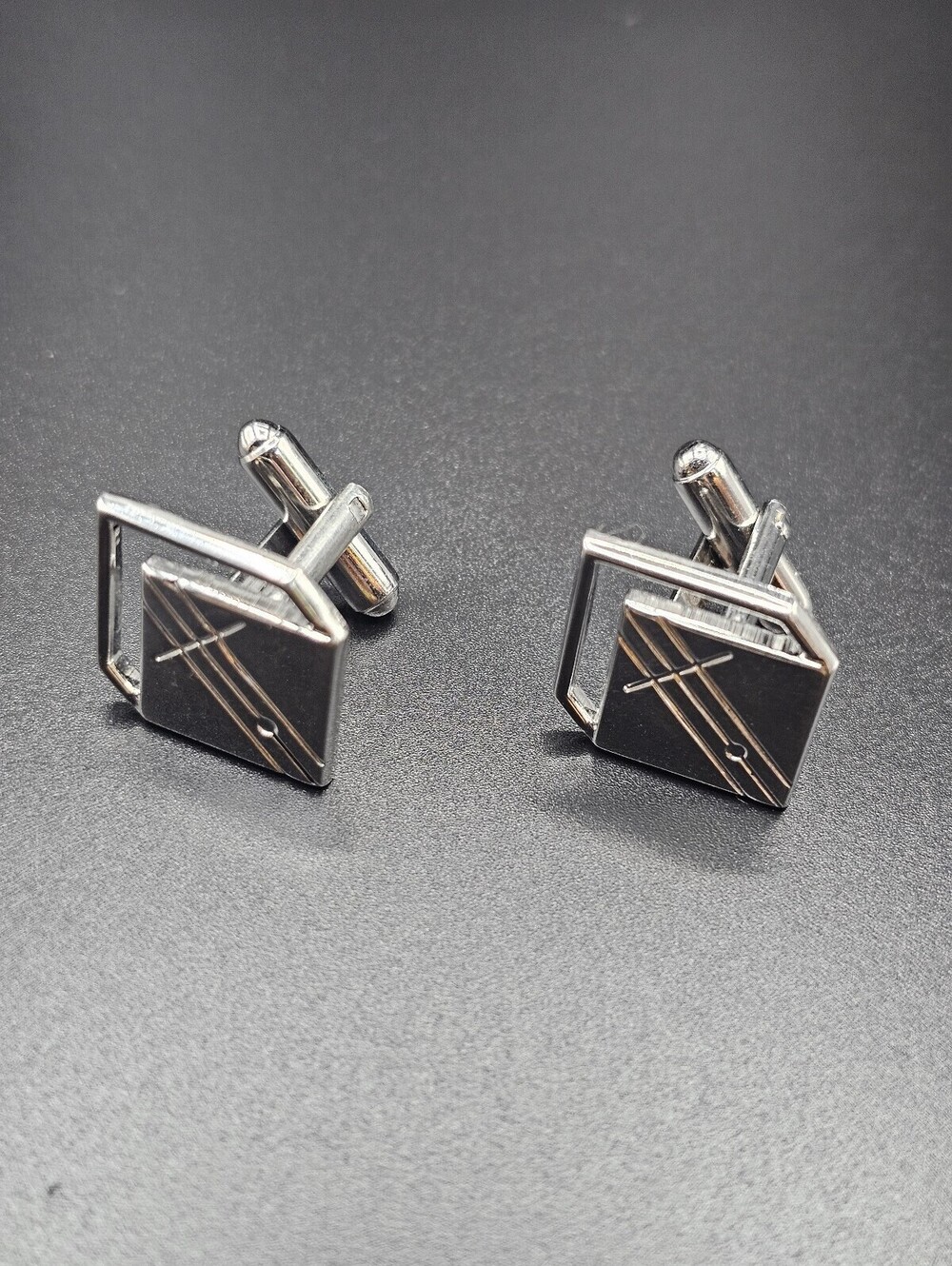 Vintage Silver Tone Geometric Square Cufflinks with Black Detailing